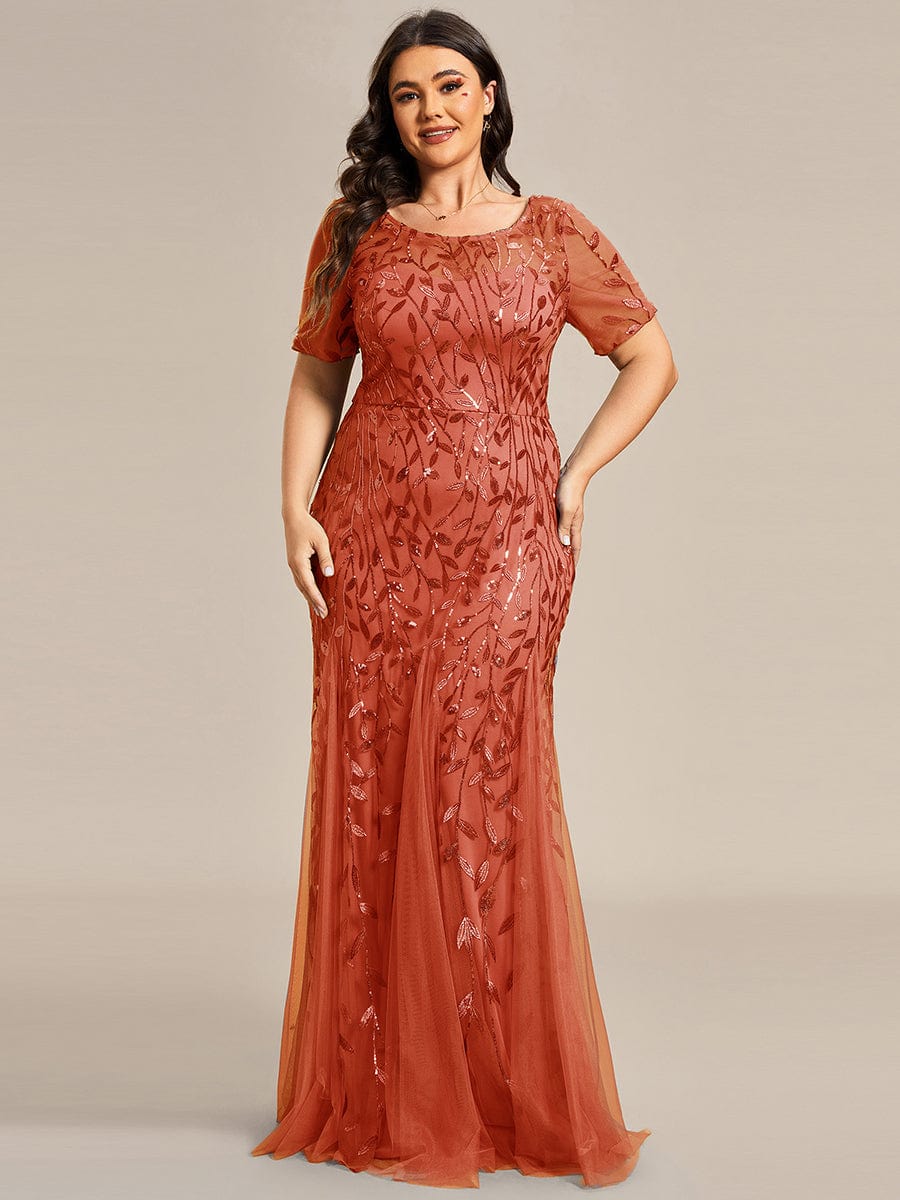 Custom Size Sequin Leaf Maxi Long Fishtail Tulle Prom Dresses With Half Sleeves #color_Burnt Orange