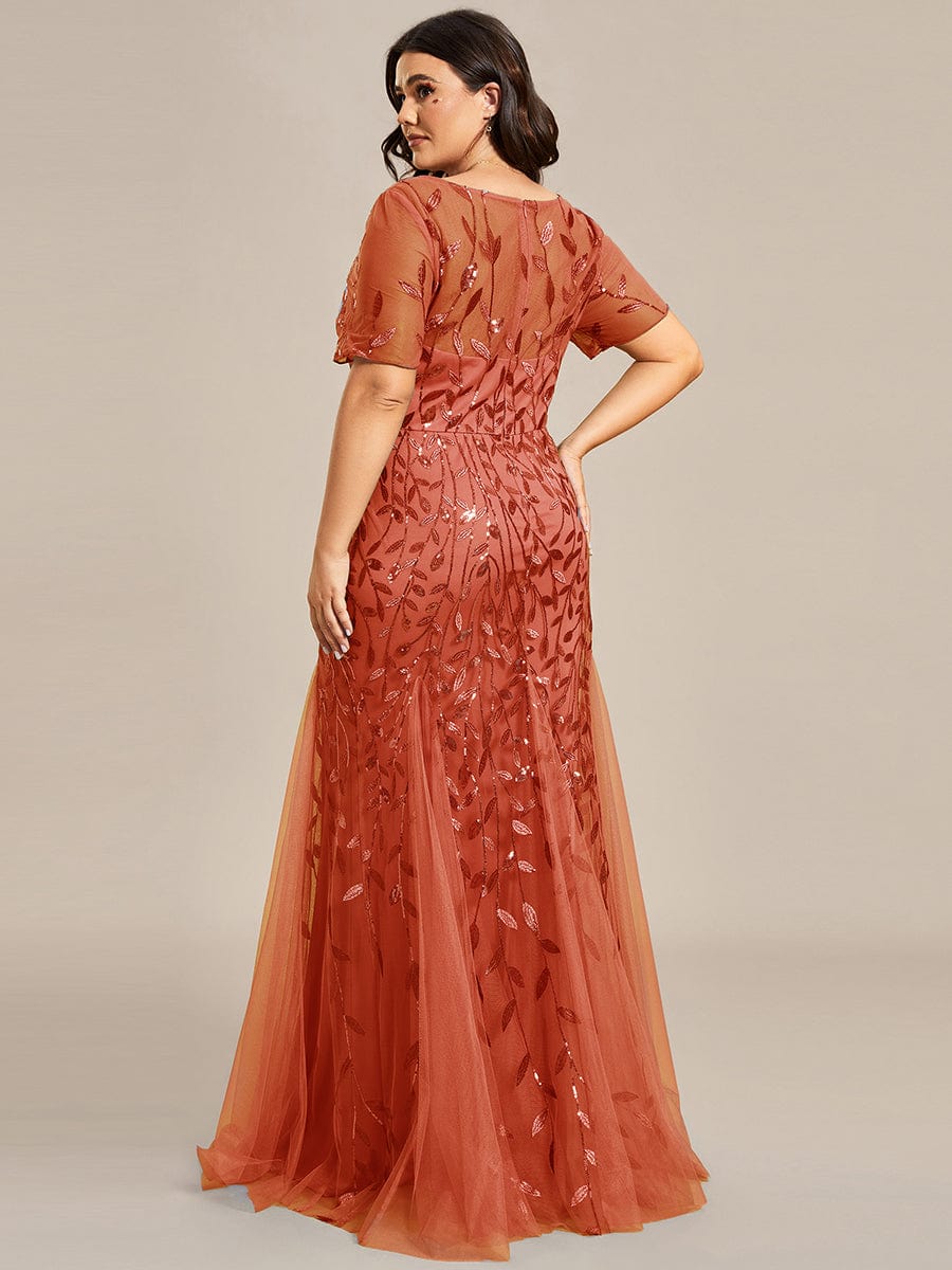 Custom Size Sequin Leaf Maxi Long Fishtail Tulle Prom Dresses With Half Sleeves #color_Burnt Orange