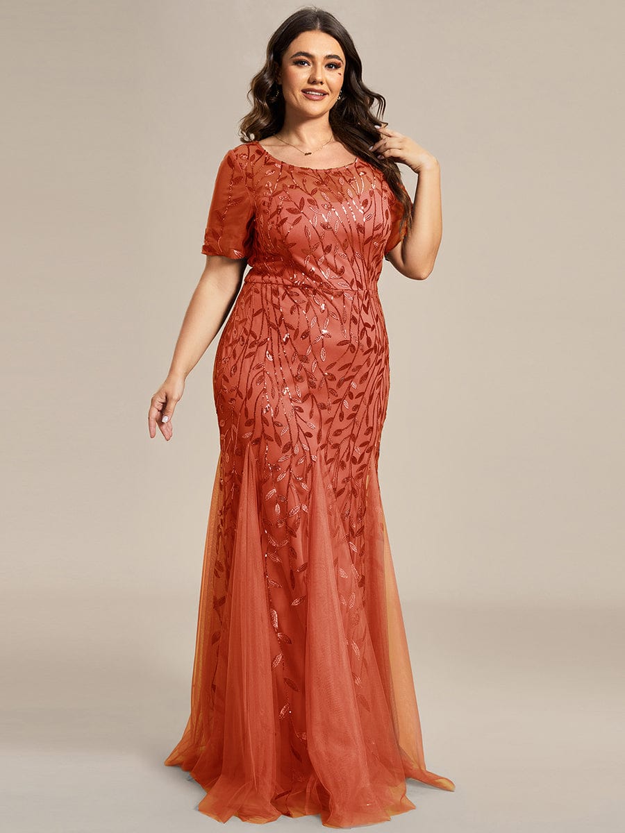 Custom Size Sequin Leaf Maxi Long Fishtail Tulle Prom Dresses With Half Sleeves #color_Burnt Orange