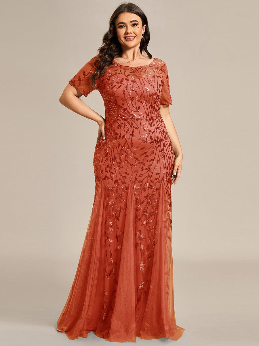 Custom Size Sequin Leaf Maxi Long Fishtail Tulle Prom Dresses With Half Sleeves #color_Burnt Orange