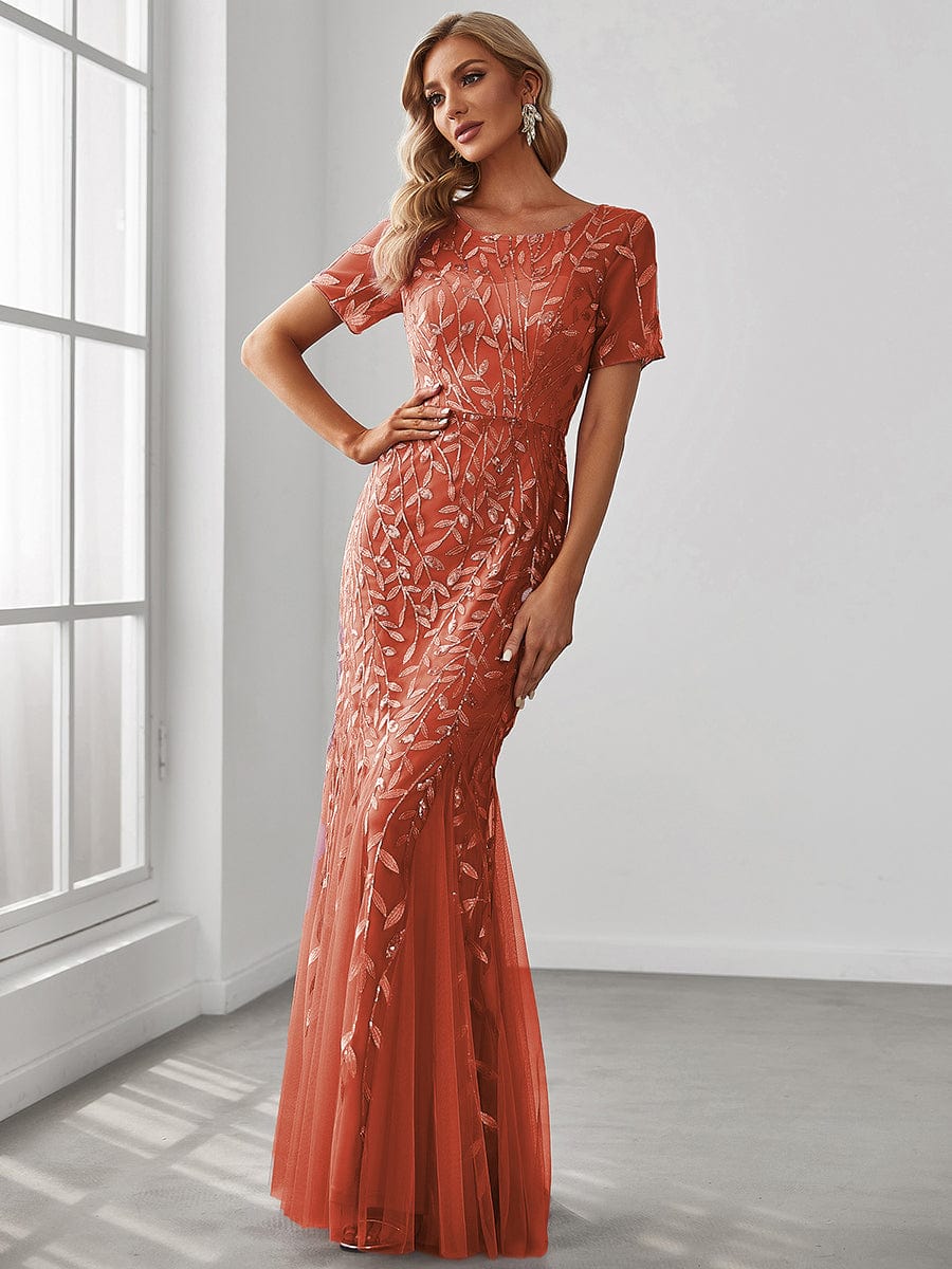 Custom Size Sequin Leaf Maxi Long Fishtail Tulle Prom Dresses With Half Sleeves #color_Burnt Orange