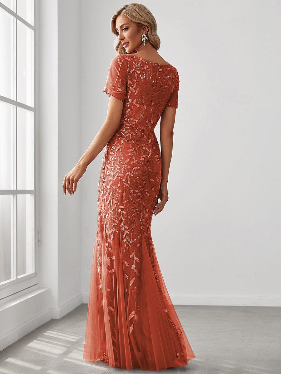 Custom Size Sequin Leaf Maxi Long Fishtail Tulle Prom Dresses With Half Sleeves #color_Burnt Orange