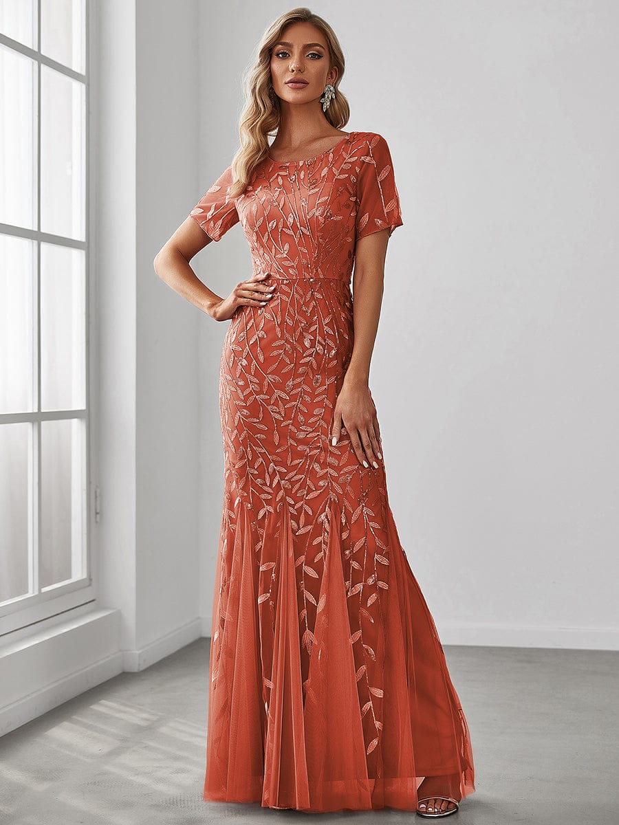 Custom Size Sequin Leaf Maxi Long Fishtail Tulle Prom Dresses With Half Sleeves #color_Burnt Orange