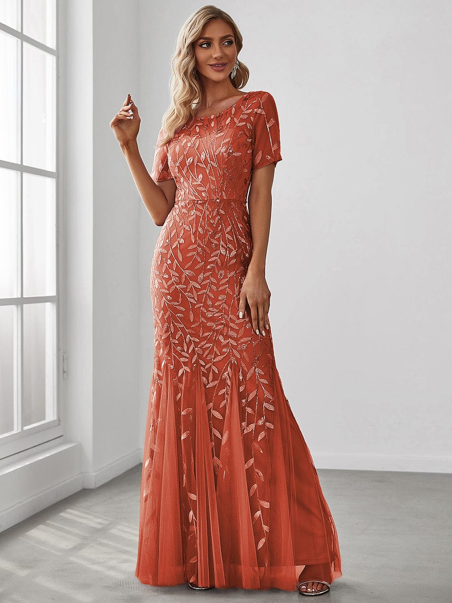 Custom Size Sequin Leaf Maxi Long Fishtail Tulle Prom Dresses With Half Sleeves #color_Burnt Orange