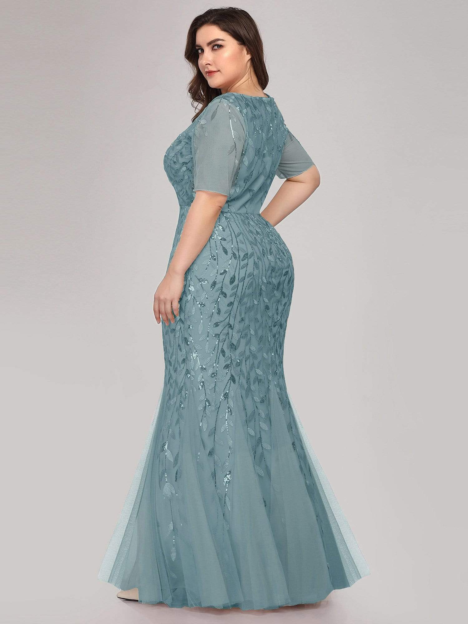 Plus Size Sequin Leaf Long Mermaid Tulle Prom Dress #color_Dusty Blue