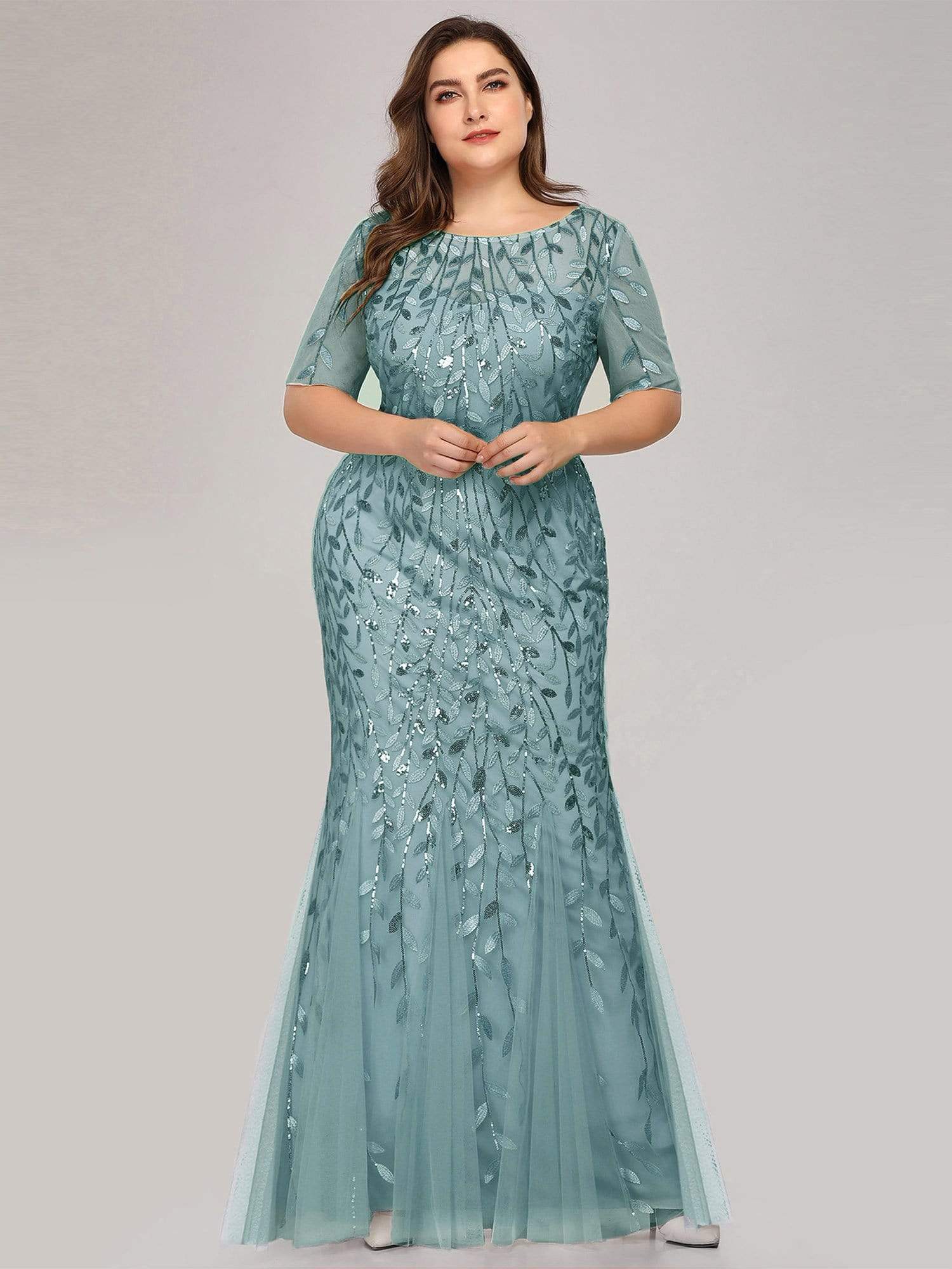 Plus Size Sequin Leaf Long Mermaid Tulle Prom Dress #color_Dusty Blue