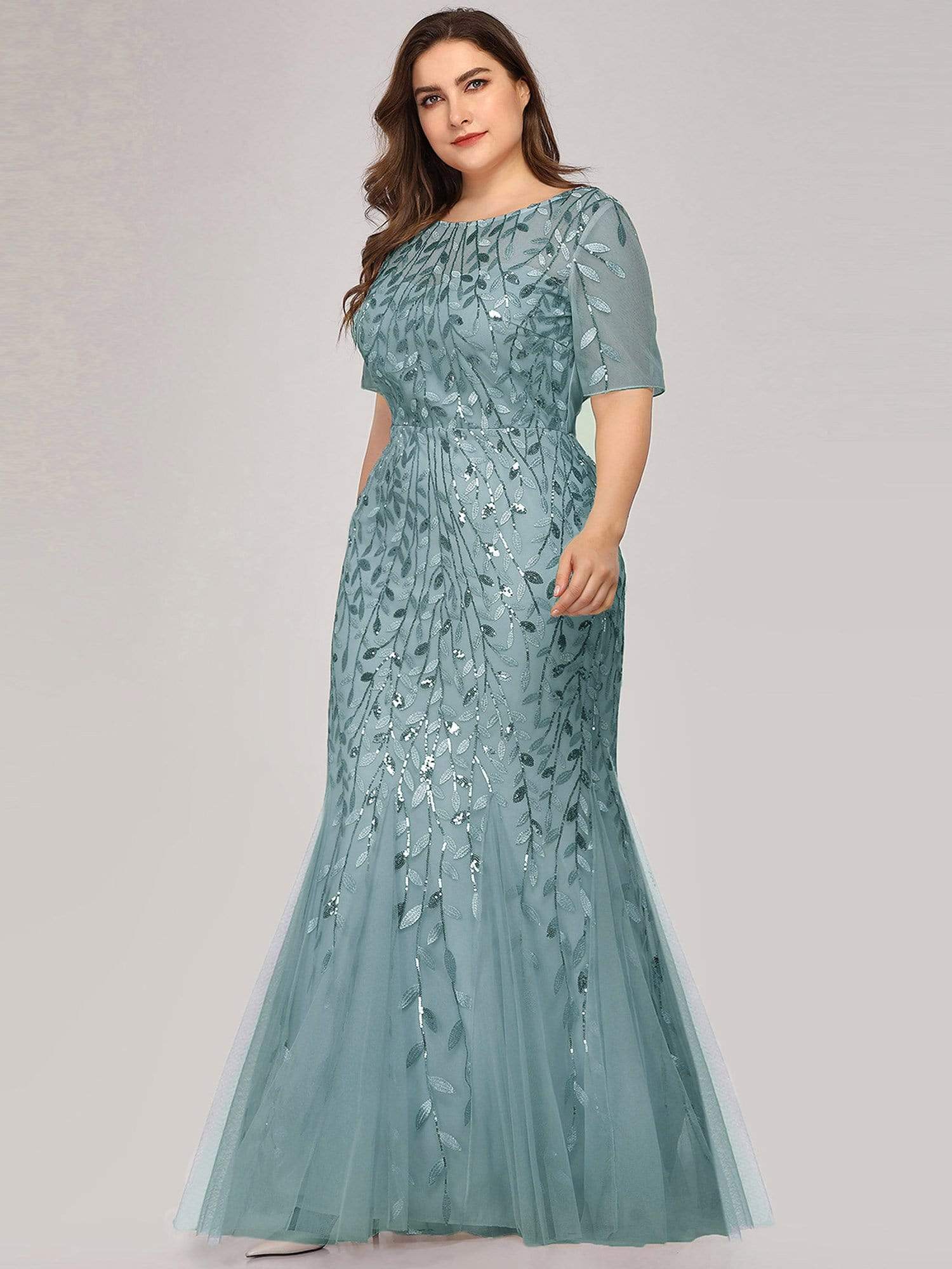 Plus Size Sequin Leaf Long Mermaid Tulle Prom Dress #color_Dusty Blue