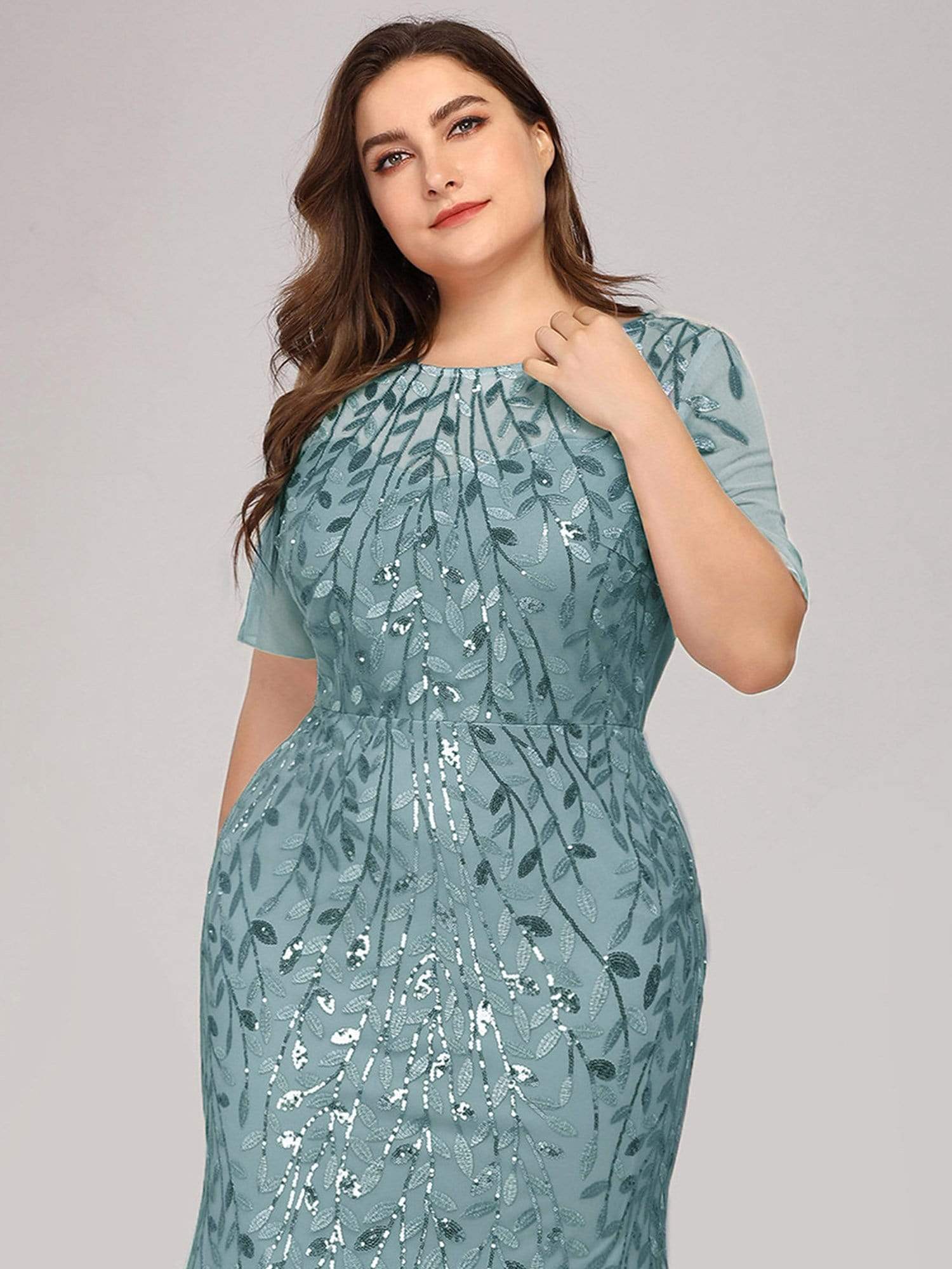 Plus Size Sequin Leaf Long Mermaid Tulle Prom Dress #color_Dusty Blue