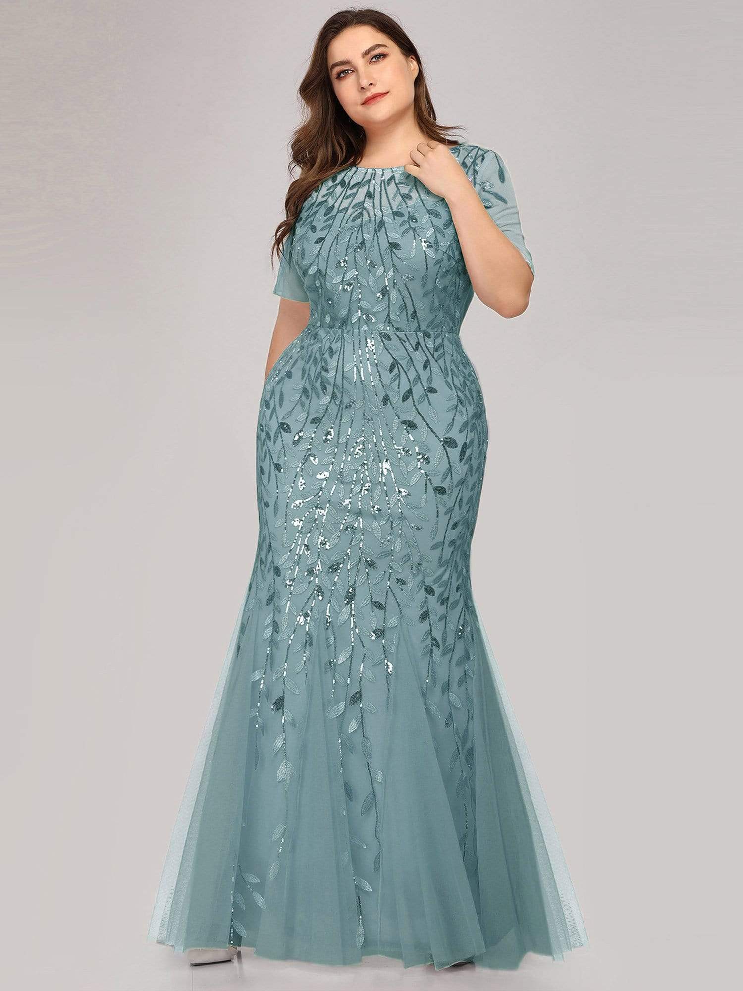 Plus Size Sequin Leaf Long Mermaid Tulle Prom Dress #color_Dusty Blue