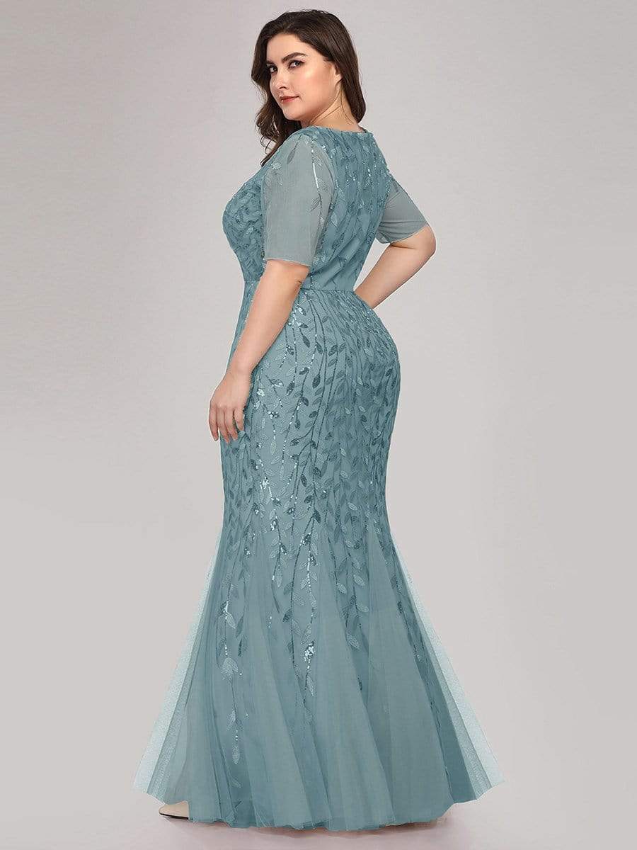 Custom Size Sequin Leaf Maxi Long Fishtail Tulle Prom Dresses With Half Sleeves #color_Light Teal