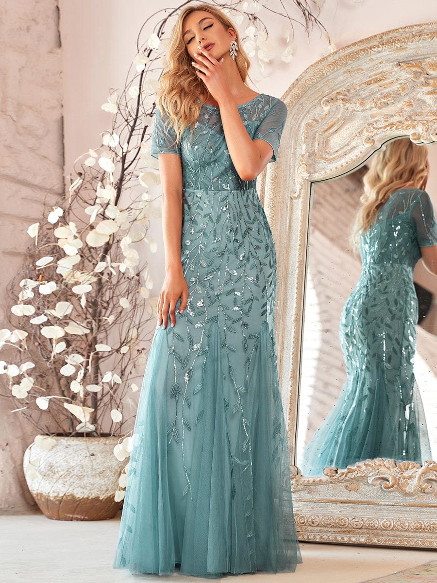 Custom Size Sequin Leaf Maxi Long Fishtail Tulle Prom Dresses With Half Sleeves #color_Light Teal