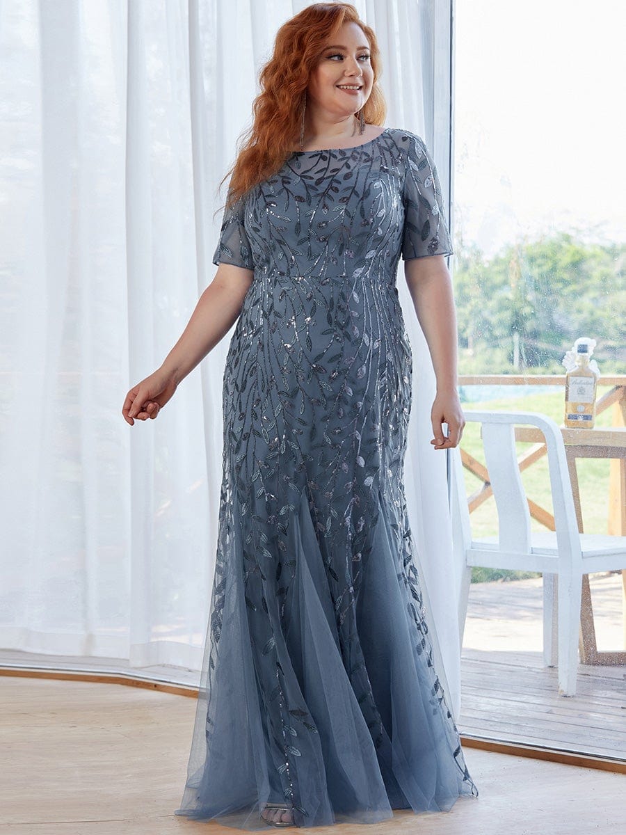 Plus Size Sequin Leaf Long Mermaid Tulle Prom Dress #color_Dusty Navy