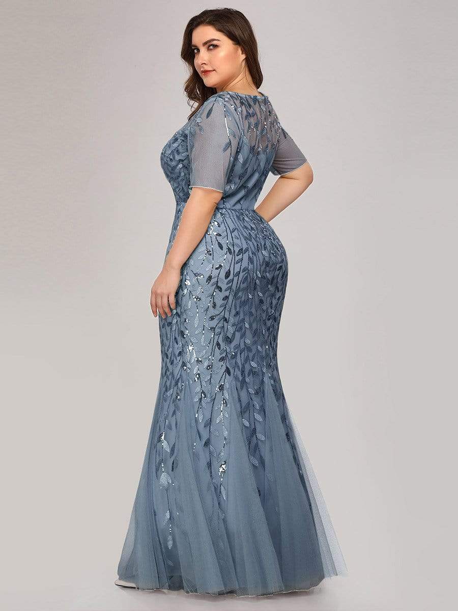 Custom Size Sequin Leaf Maxi Long Fishtail Tulle Prom Dresses With Half Sleeves #color_Dusty Navy