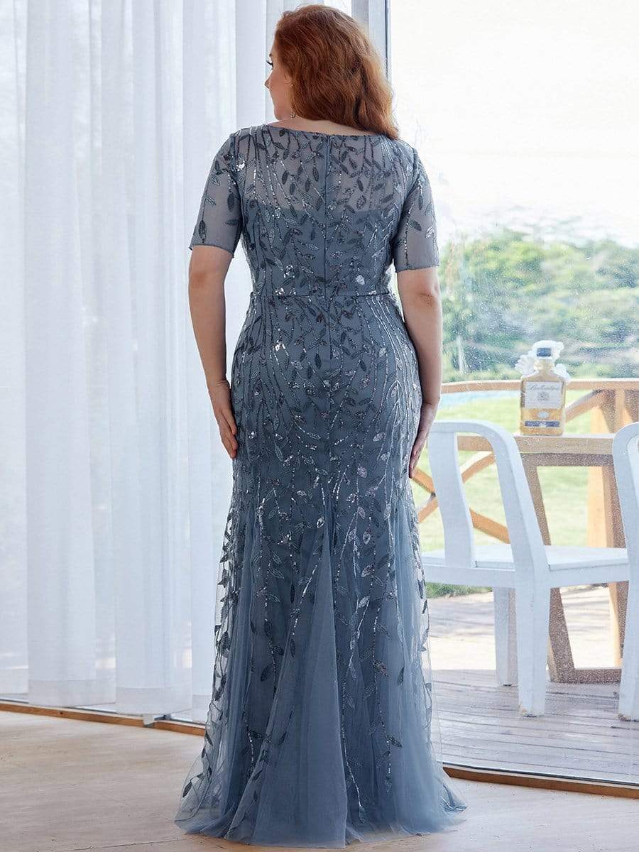 Plus Size Sequin Leaf Long Mermaid Tulle Prom Dress #color_Dusty Navy