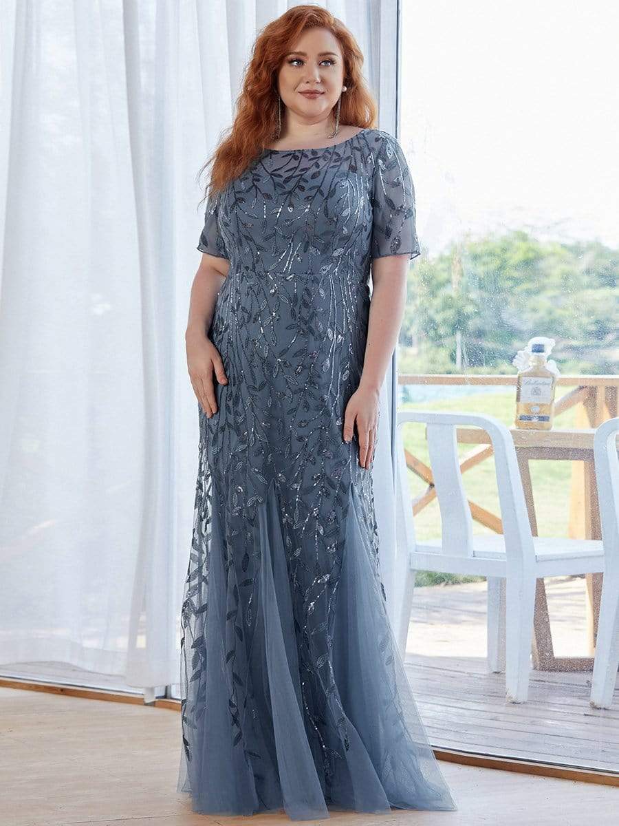 Plus Size Sequin Leaf Long Mermaid Tulle Prom Dress #color_Dusty Navy