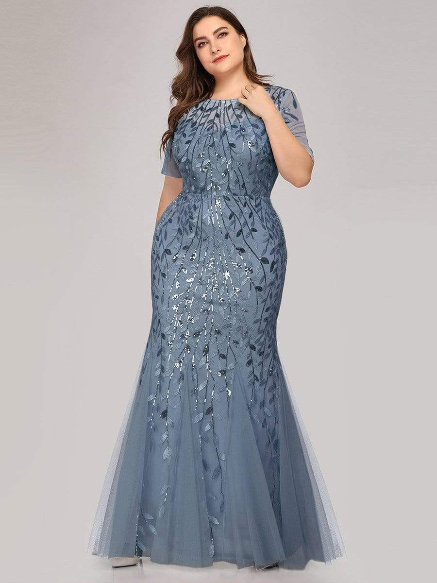 Custom Size Sequin Leaf Maxi Long Fishtail Tulle Prom Dresses With Half Sleeves #color_Dusty Blue