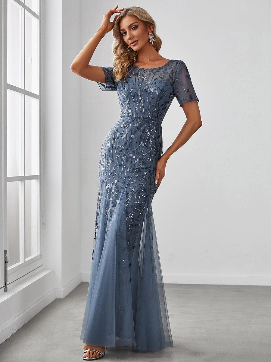 Custom Size Sequin Leaf Maxi Long Fishtail Tulle Prom Dresses With Half Sleeves #color_Dusty Blue