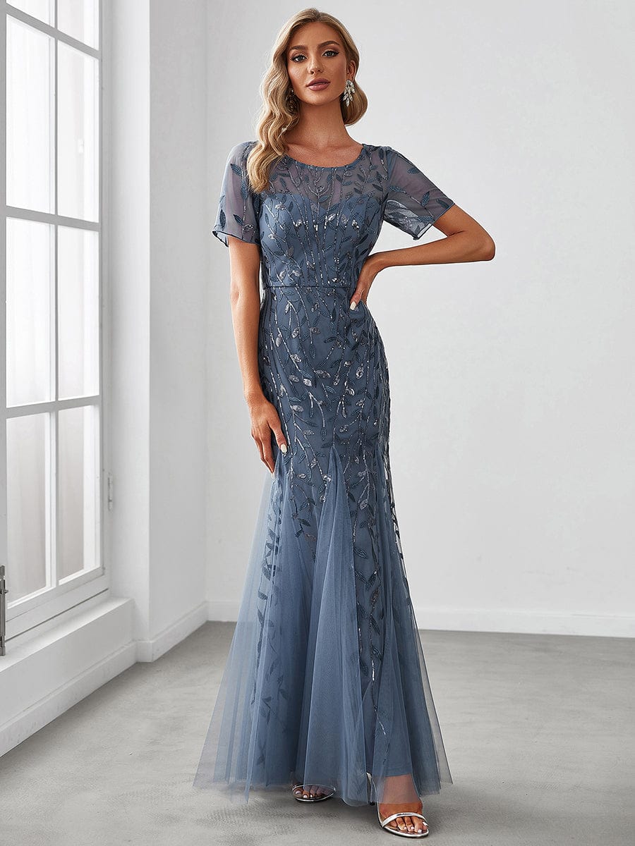 Custom Size Sequin Leaf Maxi Long Fishtail Tulle Prom Dresses With Half Sleeves #color_Dusty Blue