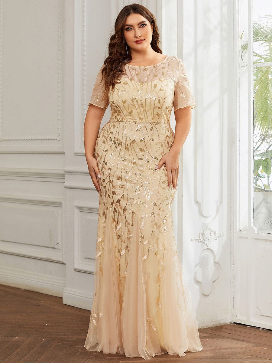 Plus Size Sequin Leaf Long Mermaid Tulle Prom Dress #color_Gold