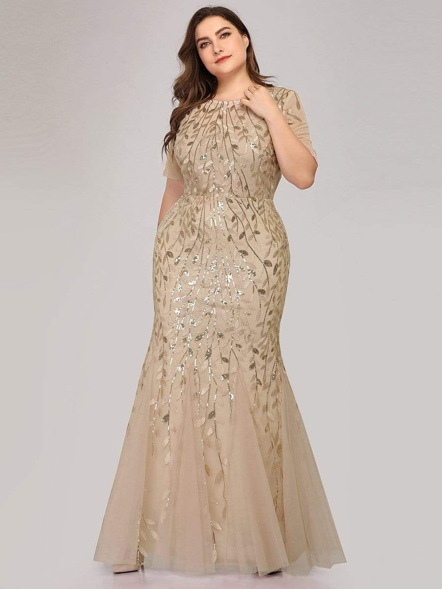 Custom Size Sequin Leaf Maxi Long Fishtail Tulle Prom Dresses With Half Sleeves #color_Gold