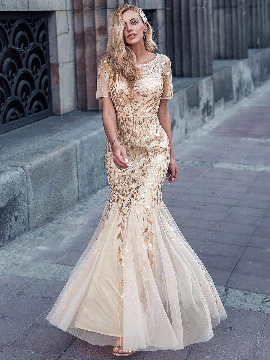 Custom Size Sequin Leaf Maxi Long Fishtail Tulle Prom Dresses With Half Sleeves #color_Gold