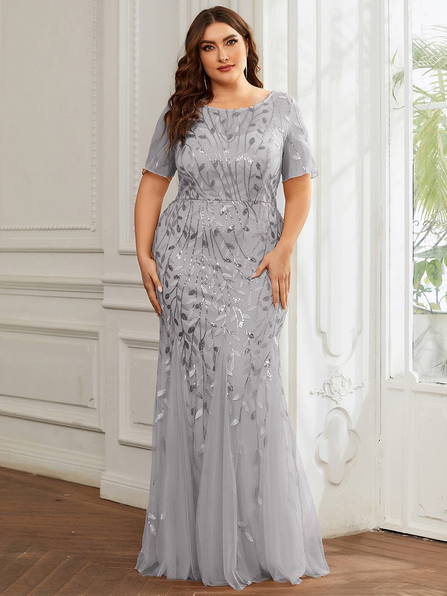 Custom Size Sequin Leaf Maxi Long Fishtail Tulle Prom Dresses With Half Sleeves #color_Grey