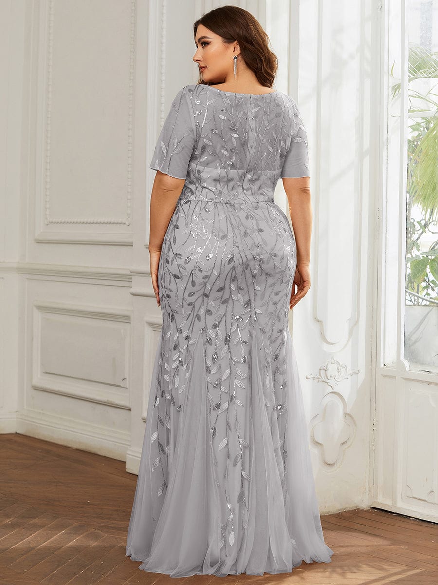 Custom Size Sequin Leaf Maxi Long Fishtail Tulle Prom Dresses With Half Sleeves #color_Grey