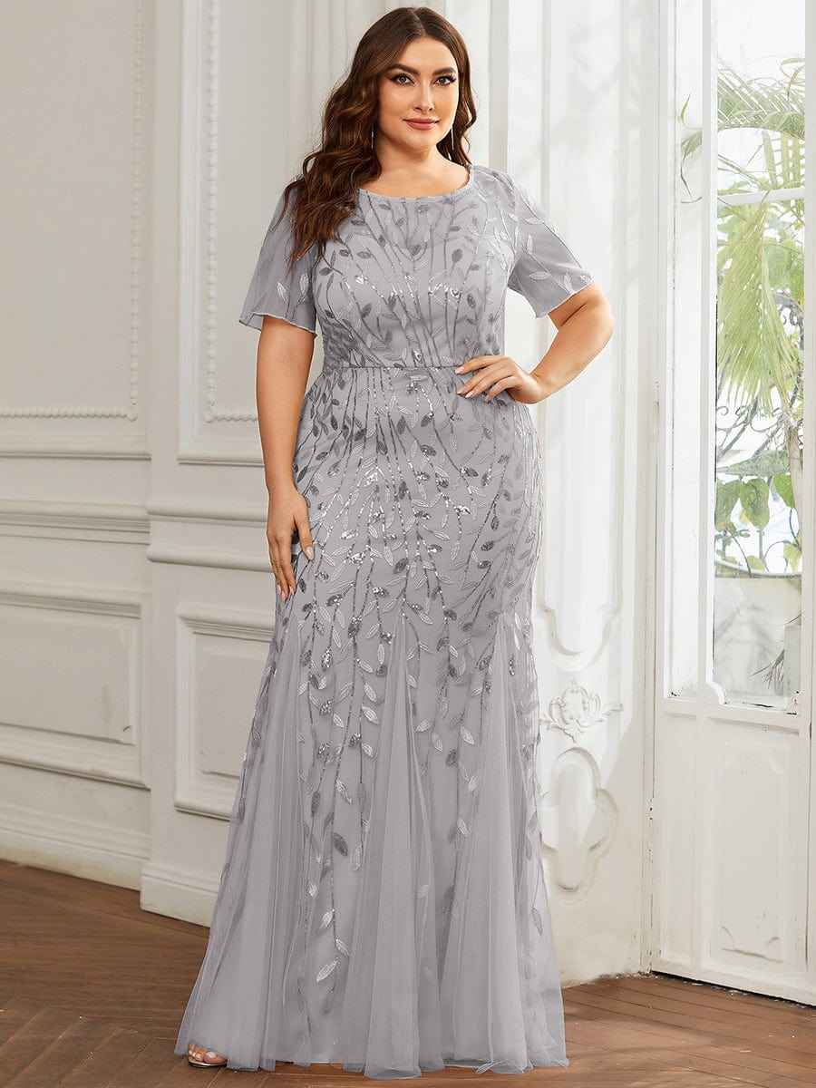 Custom Size Sequin Leaf Maxi Long Fishtail Tulle Prom Dresses With Half Sleeves #color_Grey