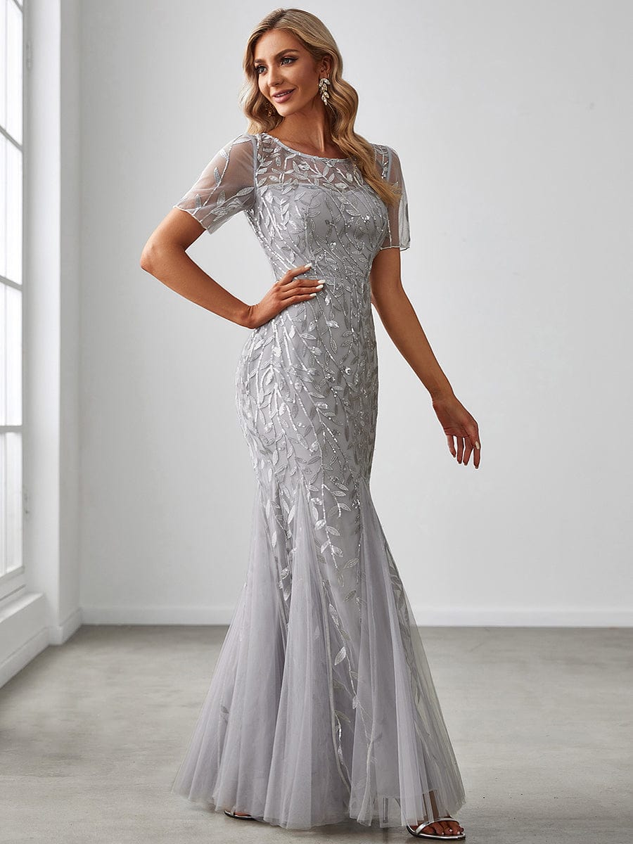 Custom Size Sequin Leaf Maxi Long Fishtail Tulle Prom Dresses With Half Sleeves #color_Grey