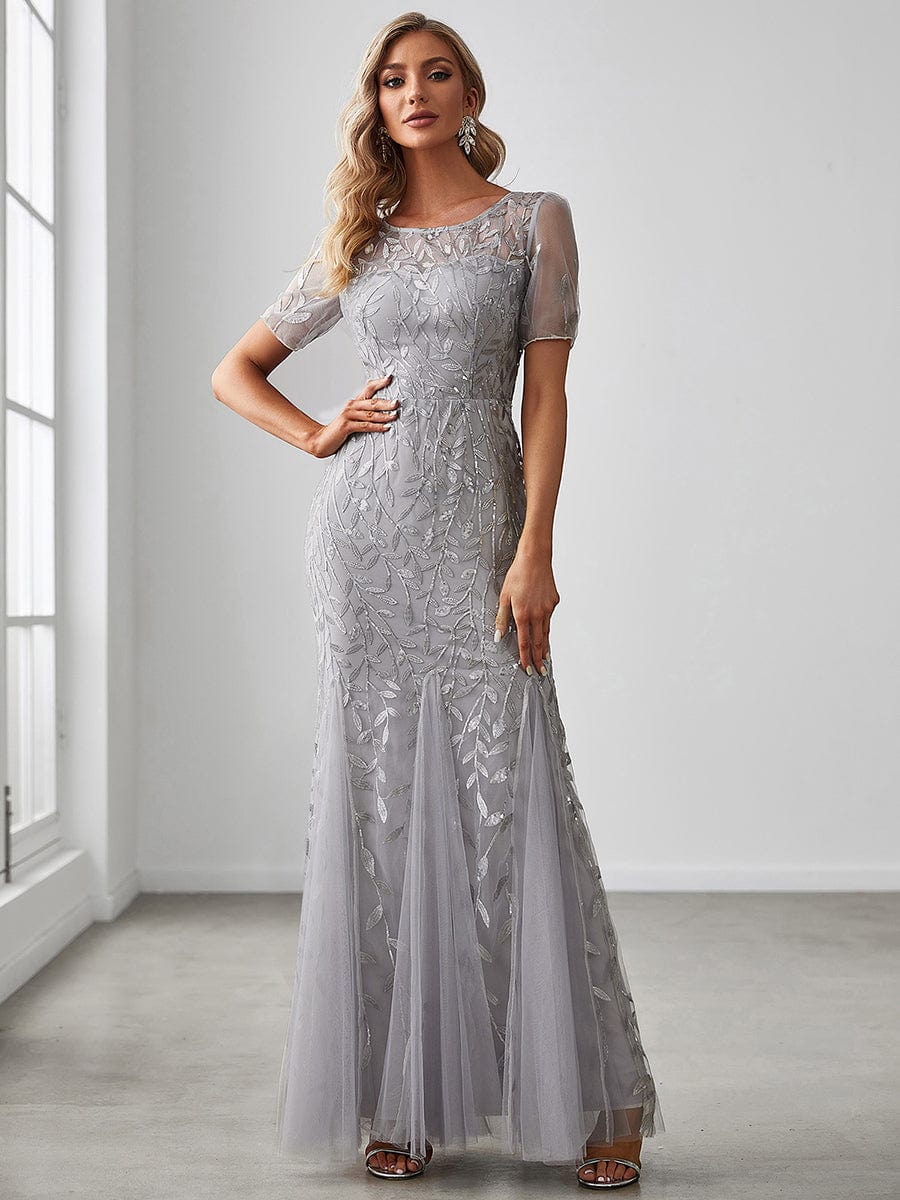 Custom Size Sequin Leaf Maxi Long Fishtail Tulle Prom Dresses With Half Sleeves #color_Grey