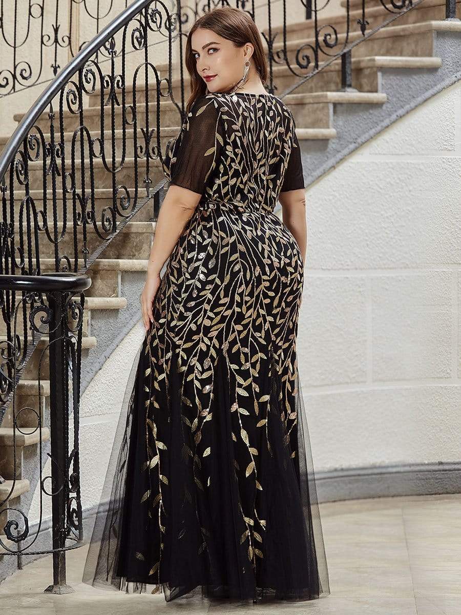 Custom Size Sequin Leaf Maxi Long Fishtail Tulle Prom Dresses With Half Sleeves #color_Black & Gold