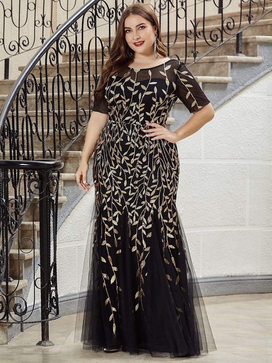 Plus Size Sequin Leaf Long Mermaid Tulle Prom Dress #color_Black & Gold