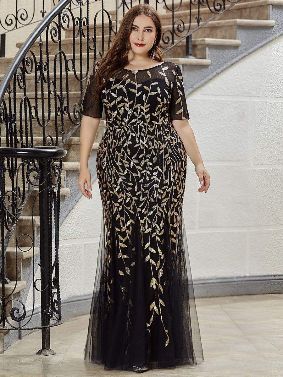 Plus Size Sequin Leaf Long Mermaid Tulle Prom Dress #color_Black & Gold