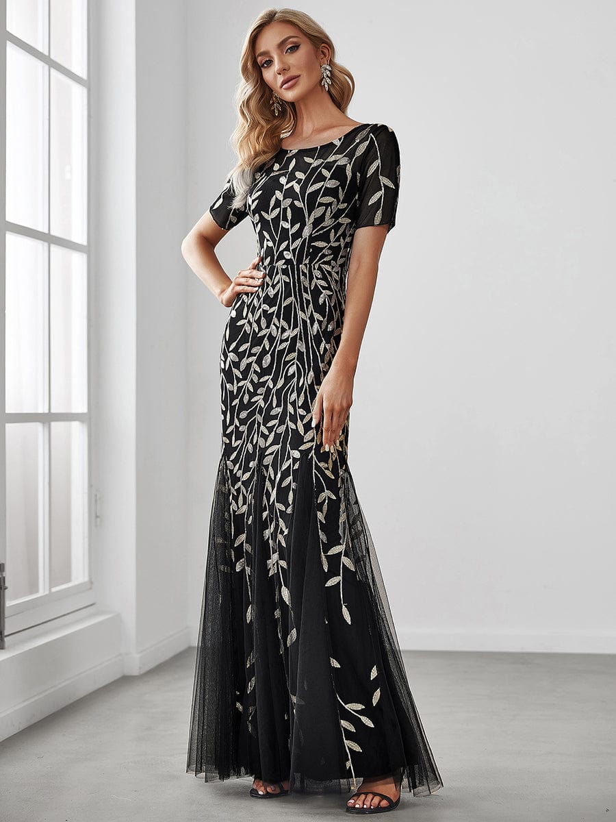 Sequin Leaf Maxi Long Fishtail Tulle Prom Dress With Half Sleeve #color_Black & Gold