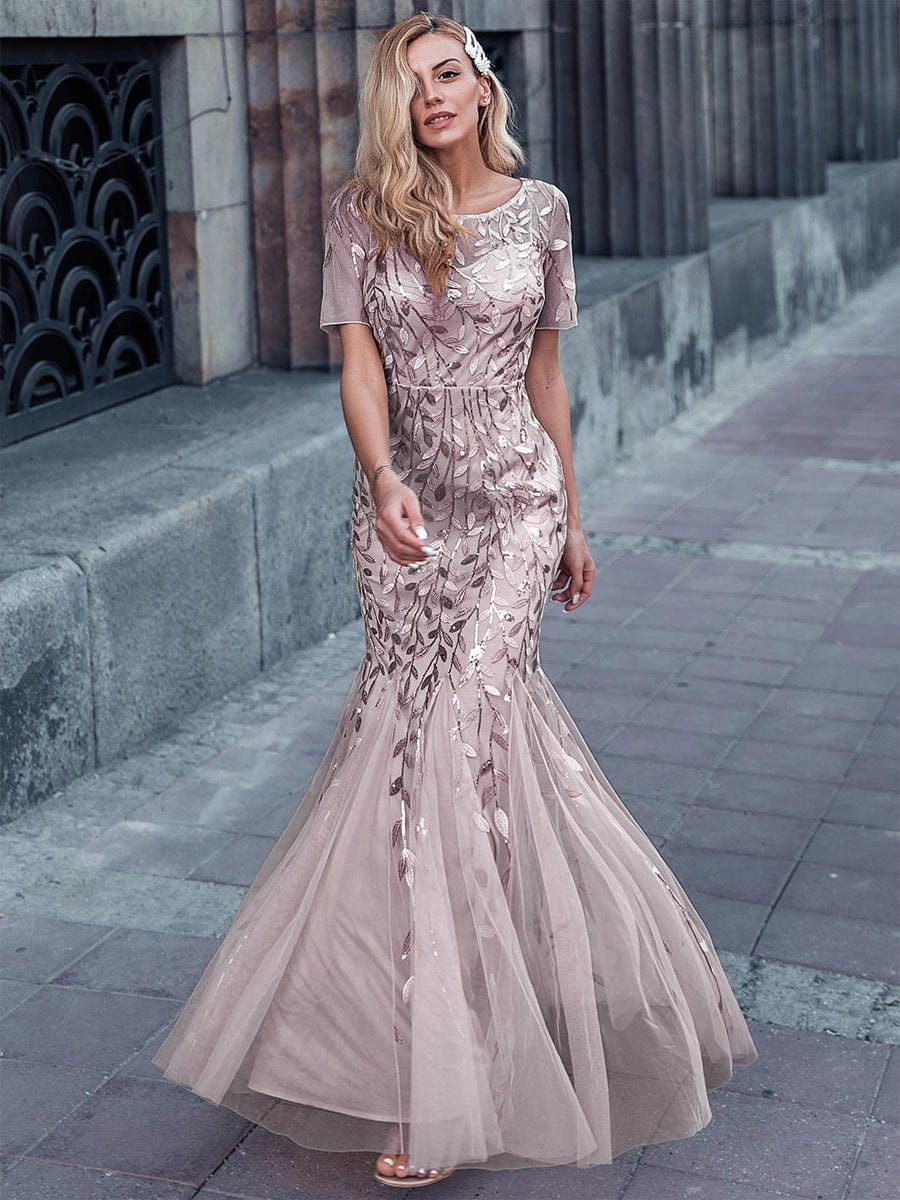 Sequin Leaf Maxi Long Fishtail Tulle Prom Dress With Half Sleeve #color_Lilac
