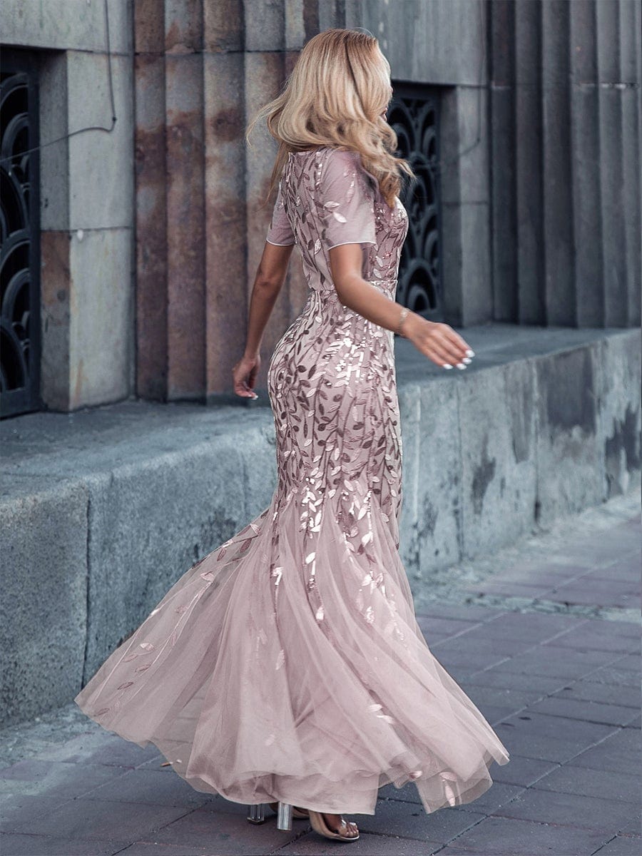 Custom Size Sequin Leaf Maxi Long Fishtail Tulle Prom Dresses With Half Sleeves #color_Lilac