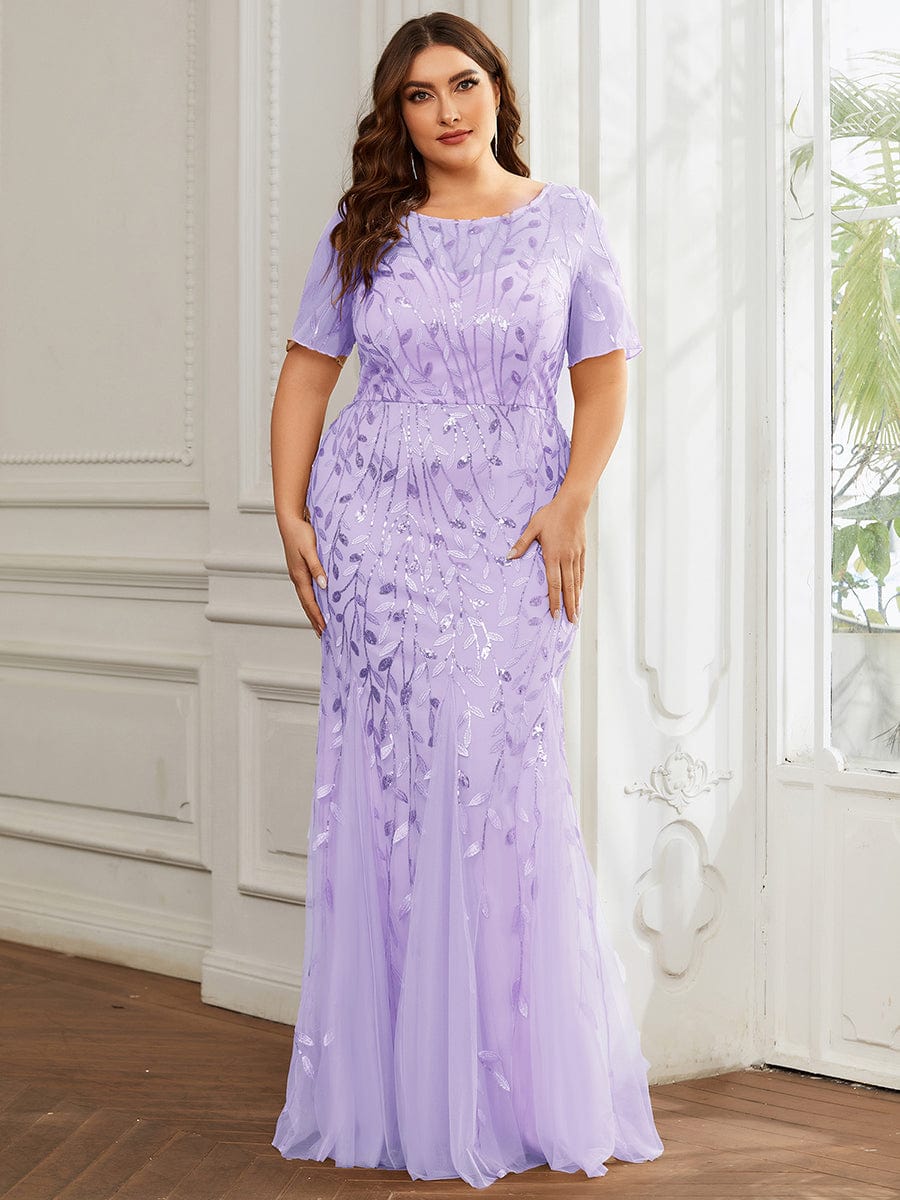 Custom Size Sequin Leaf Maxi Long Fishtail Tulle Prom Dresses With Half Sleeves #color_Lavender