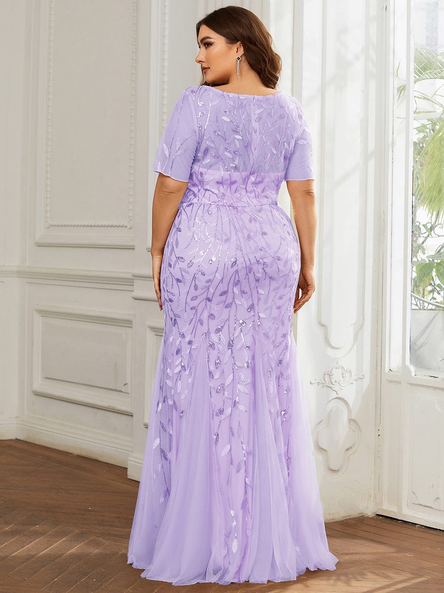 Custom Size Sequin Leaf Maxi Long Fishtail Tulle Prom Dresses With Half Sleeves #color_Lavender