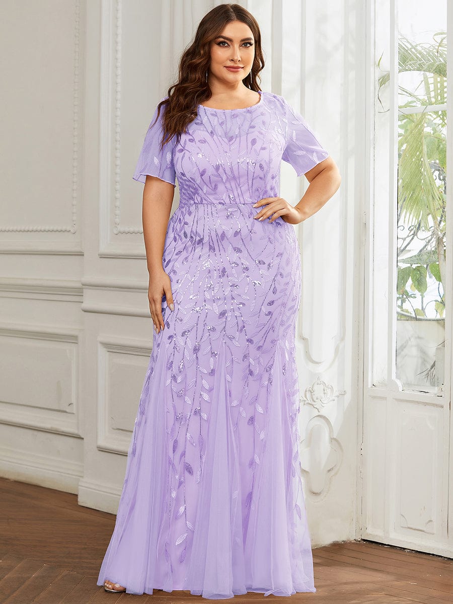 Custom Size Sequin Leaf Maxi Long Fishtail Tulle Prom Dresses With Half Sleeves #color_Lavender