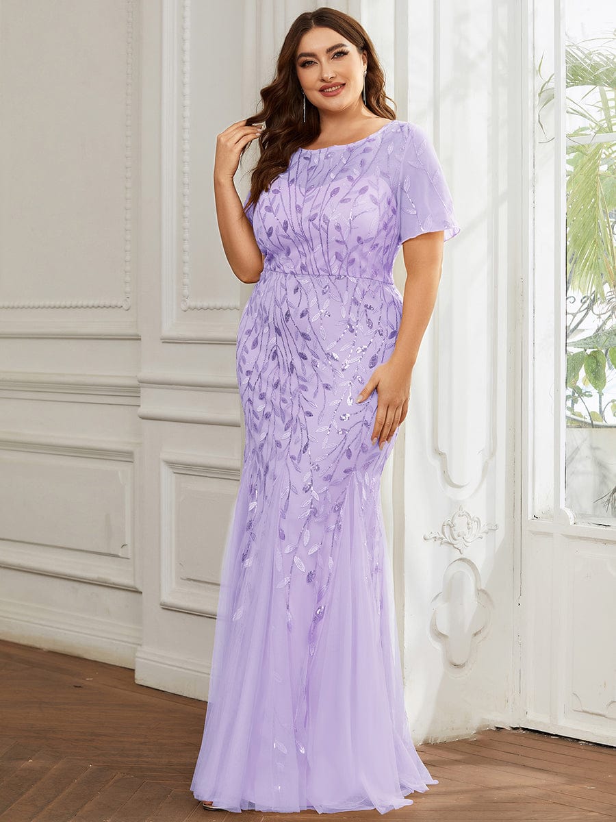 Custom Size Sequin Leaf Maxi Long Fishtail Tulle Prom Dresses With Half Sleeves #color_Lavender