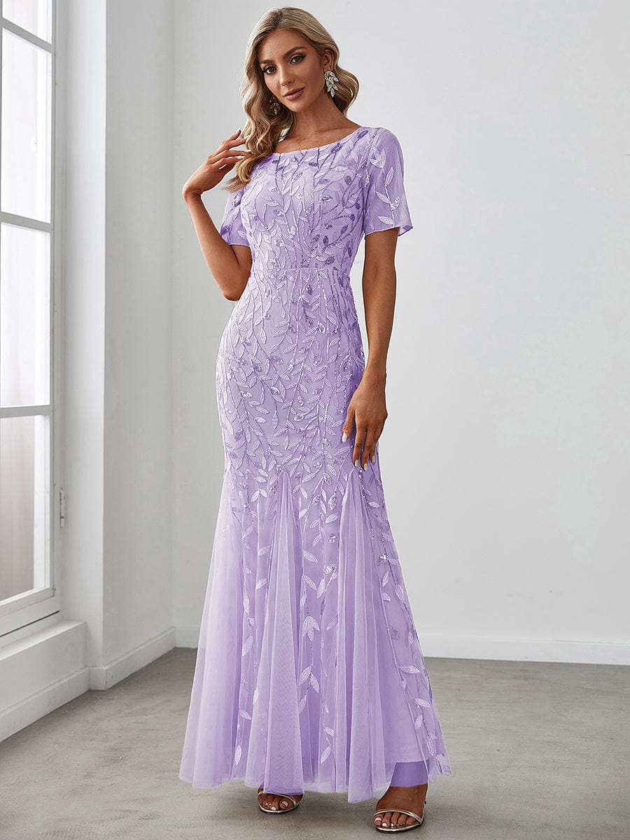 Custom Size Sequin Leaf Maxi Long Fishtail Tulle Prom Dresses With Half Sleeves #color_Lavender