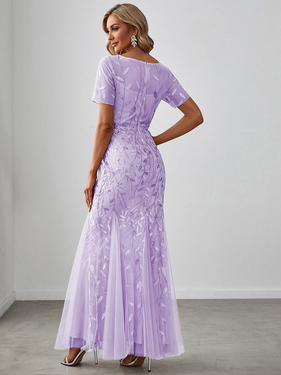 Custom Size Sequin Leaf Maxi Long Fishtail Tulle Prom Dresses With Half Sleeves #color_Lavender