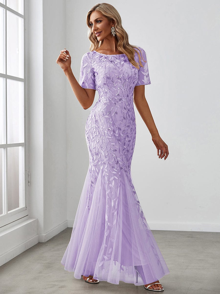 Custom Size Sequin Leaf Maxi Long Fishtail Tulle Prom Dresses With Half Sleeves #color_Lavender