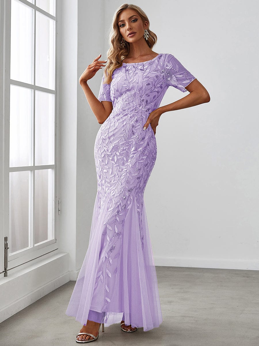 Custom Size Sequin Leaf Maxi Long Fishtail Tulle Prom Dresses With Half Sleeves #color_Lavender