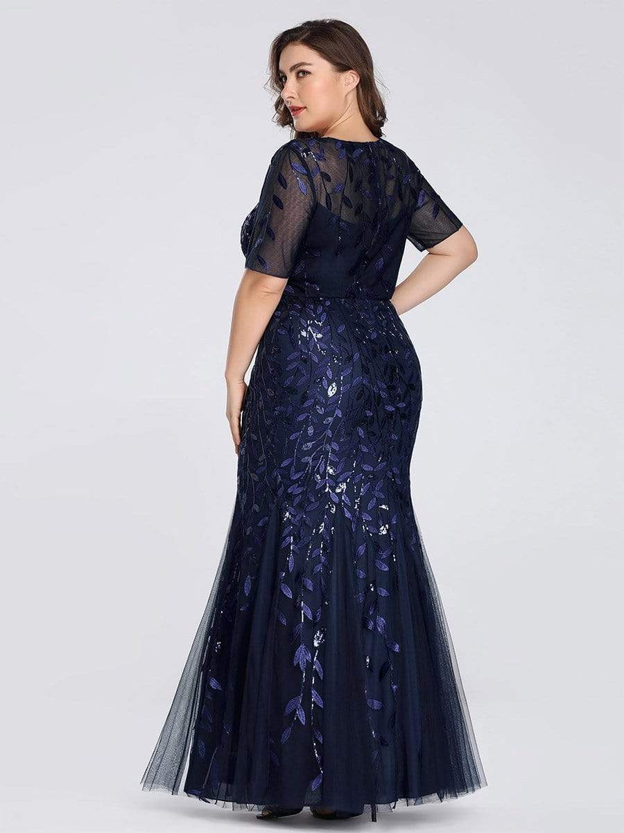 Plus Size Sequin Leaf Long Mermaid Tulle Prom Dress #color_Navy Blue