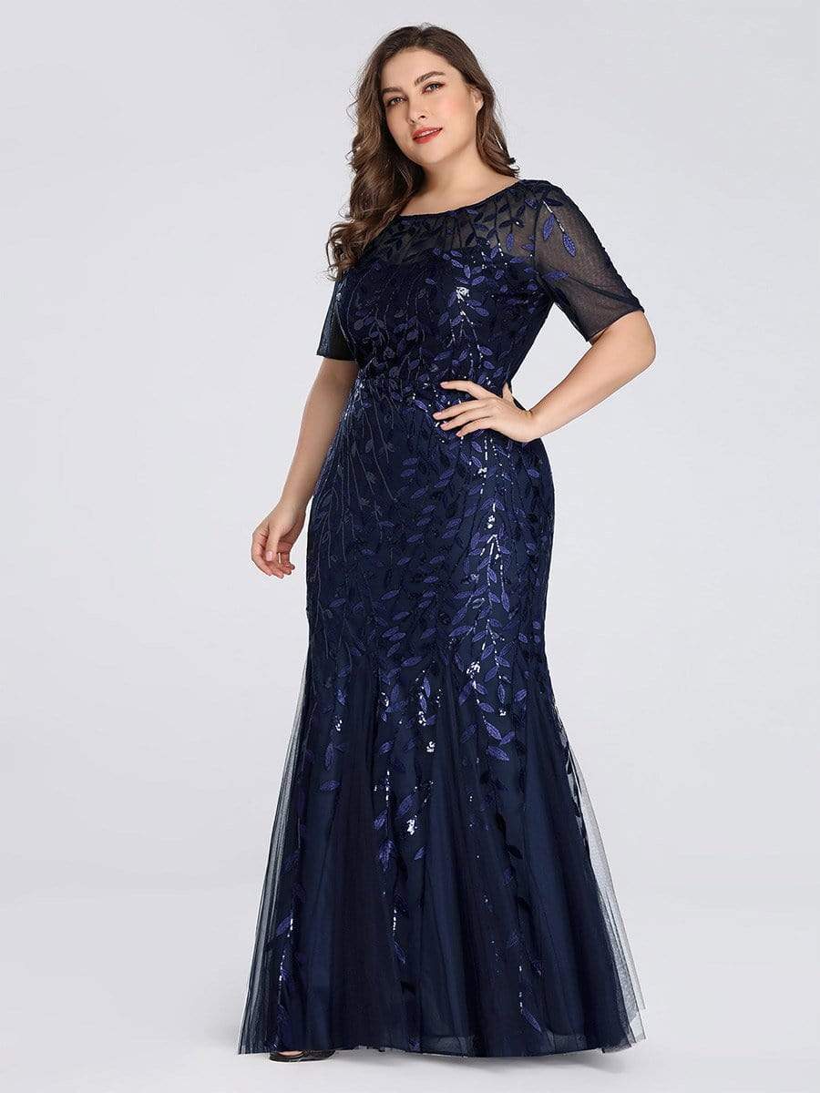 Plus Size Sequin Leaf Long Mermaid Tulle Prom Dress #color_Navy Blue