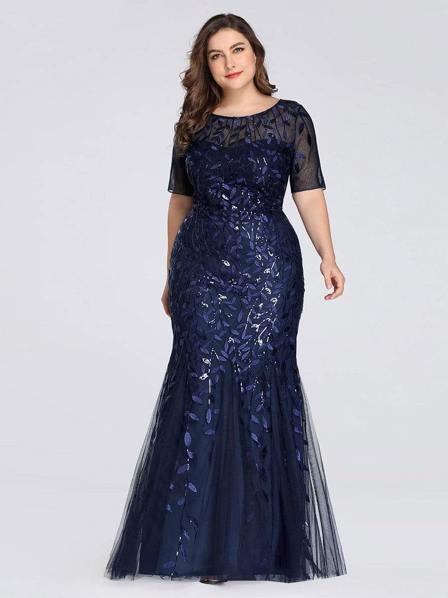 Plus Size Sequin Leaf Long Mermaid Tulle Prom Dress #color_Navy Blue