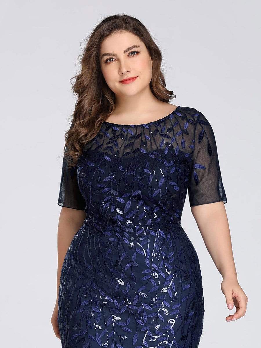 Plus Size Sequin Leaf Long Mermaid Tulle Prom Dress #color_Navy Blue