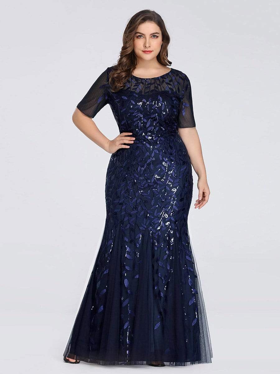 Custom Size Sequin Leaf Maxi Long Fishtail Tulle Prom Dresses With Half Sleeves #color_Navy Blue