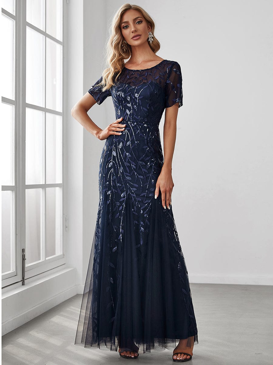 Custom Size Sequin Leaf Maxi Long Fishtail Tulle Prom Dresses With Half Sleeves #color_Navy Blue